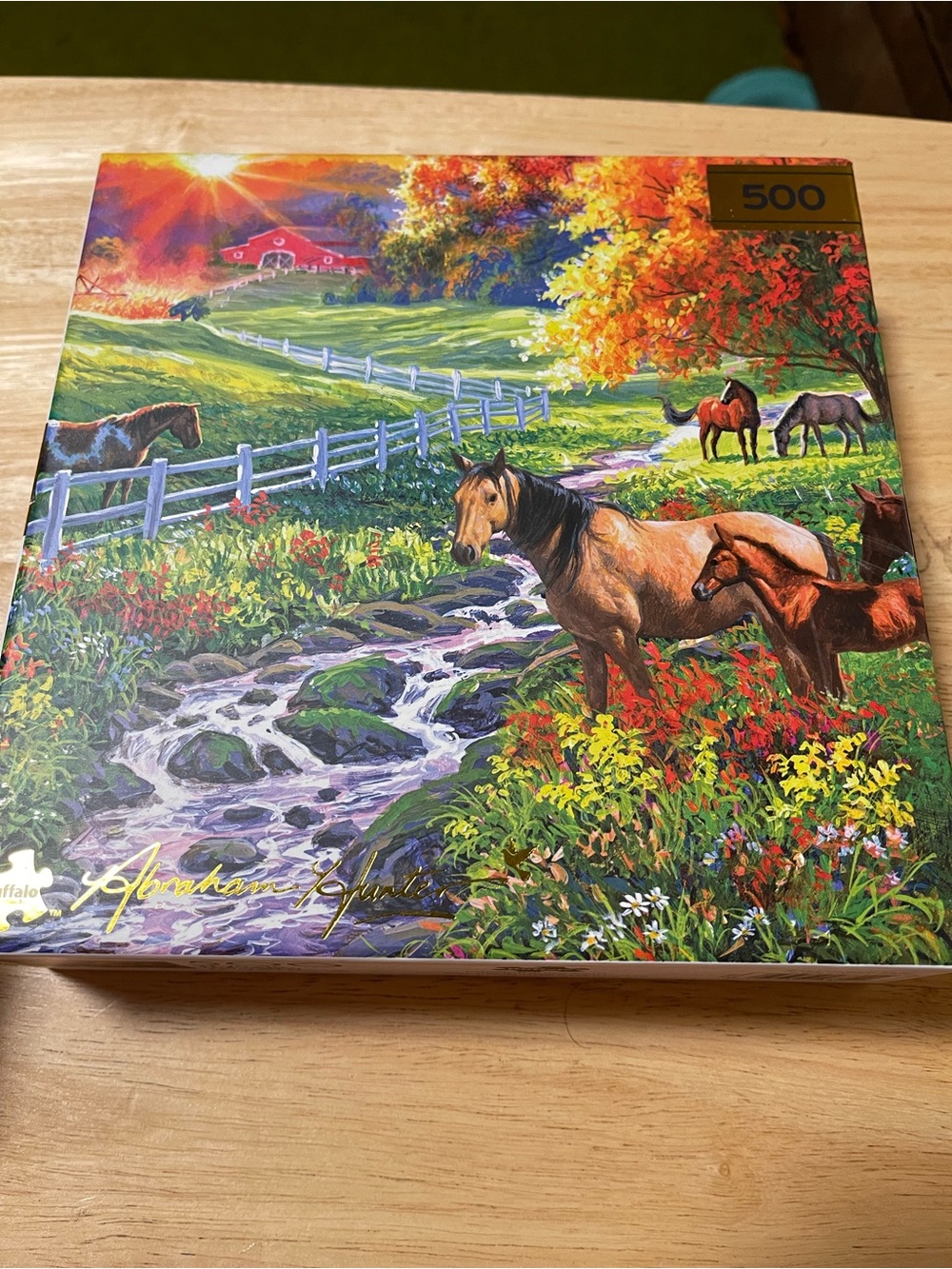 Buffalo 500 Piece Jigsaw Puzzle Horses Farm Landscape Abraham Hunter 21.25x15